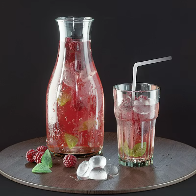 Refreshing Raspberry Beverage with Fresh Raspberries Ice and Mint in Glass Pitcher and Cup 3d model