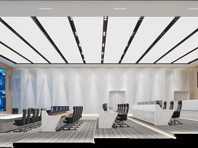 Security Monitoring Room Interior With Multiple Monitor Screens Control Desks And Office Chairs 3d model