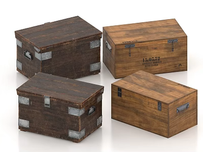 Four Rustic Wooden Storage Boxes With Metal Corners And Vintage Design 3d model