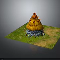 Cute Thatched Hut Exterior With Straw Roof Red Birds Stone Walls And Green Grass
