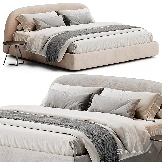 Modern Upholstered Double Bed With Headboard Pillows Bed Runner And Side Table 3d model 