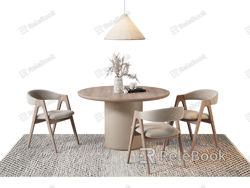 Cream Style Dining Table and Chair Simple Nordic Style Dining Table Carpet Potted Chandelier model