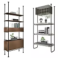 Modern Shelving Unit Featuring Multiple Shelves Books Decorative Items Vase Potted Plant And Metal Frame
