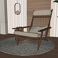 Wooden Frame Woven Backrest Light Cushion Indoor Lounge Chair with Round Rug and Green Plant