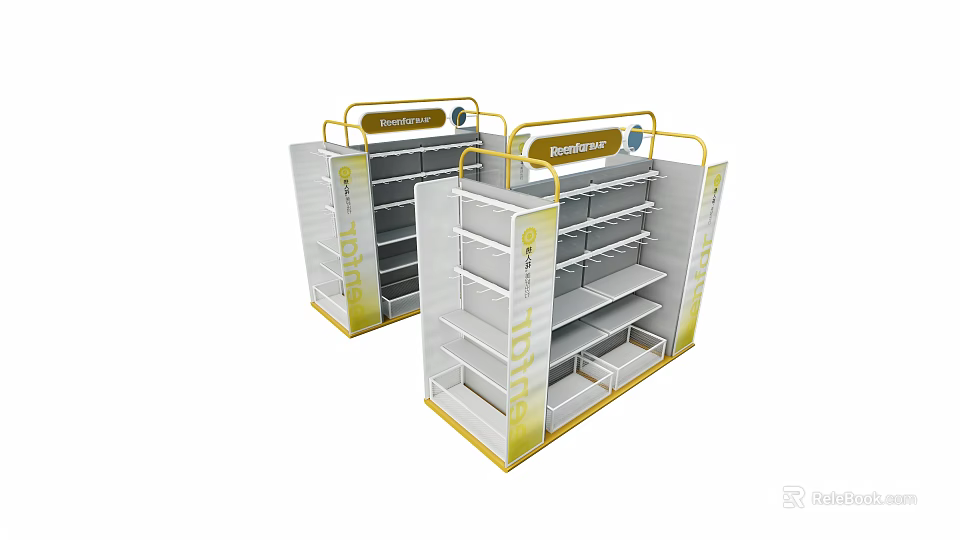 White And Yellow Cosmetics Display Shelves With Multiple Layers And Brand Signage 3d model 