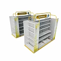 White And Yellow Cosmetics Display Shelves With Multiple Layers And Brand Signage