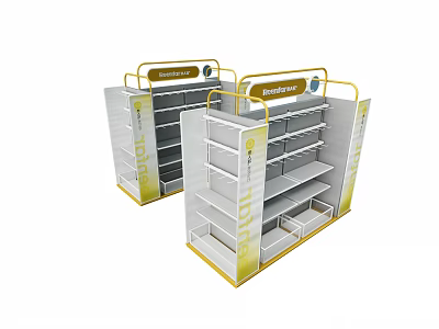 White And Yellow Cosmetics Display Shelves With Multiple Layers And Brand Signage 3d model