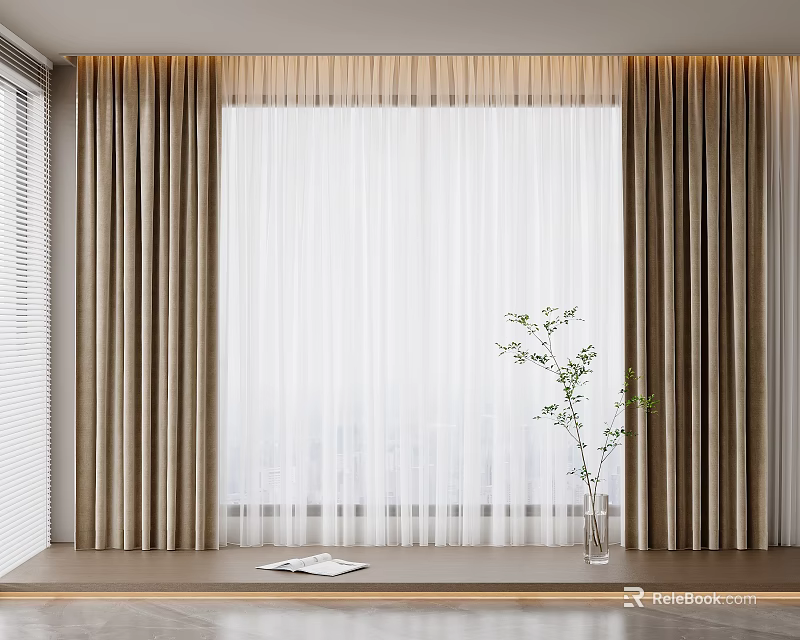 Beige Thick Curtains with White Sheer Layers Green Plant and Open Book on Window Sill 3d model 