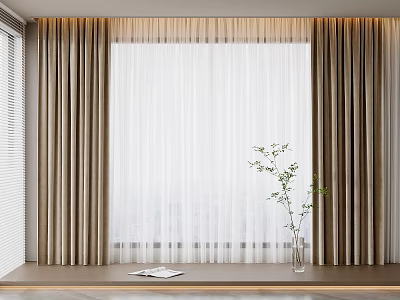 Beige Thick Curtains with White Sheer Layers Green Plant and Open Book on Window Sill 3d model