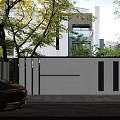 Modern Building Exterior Wall Design with White Surface and Surrounding Green Trees and Lighting Accents