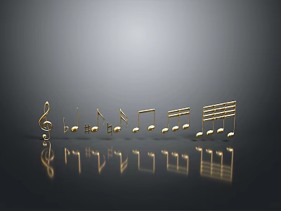 Golden Music Note Decorative Household Items With Treble Clef And Reflections On Dark Background 3d model