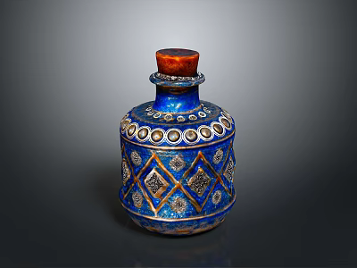 Blue Ceramic Decorative Bottle With Red Cork Stopper And Geometric Patterns 3d model