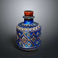 Blue Ceramic Decorative Bottle With Red Cork Stopper And Geometric Patterns