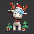 Cute Cartoon Sheep Wearing Santa Hat with Decorated Antlers and Christmas Trees Around Snowy Base