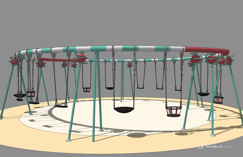 Playground Equipment Circular Swing Structure With Multiple Black Red Seats And Green White Poles 3d model 