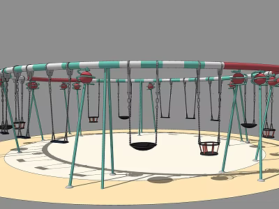 Playground Equipment Circular Swing Structure With Multiple Black Red Seats And Green White Poles 3d model