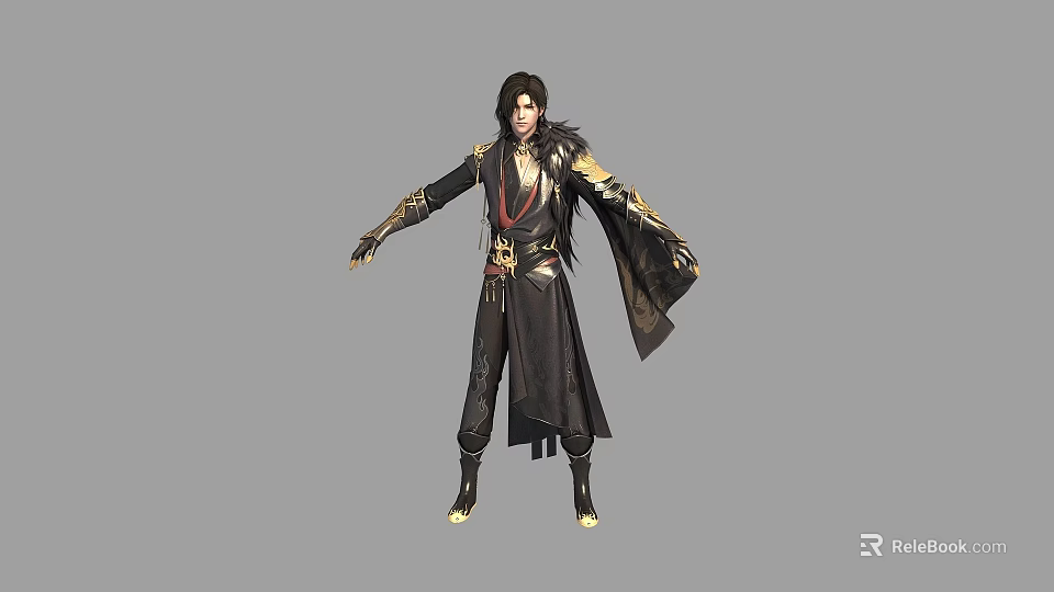 Game Movie Character In Black Traditional Robe With Golden Accents And Long Hair 3d model 