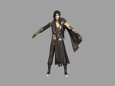 Game Movie Character In Black Traditional Robe With Golden Accents And Long Hair 3d model