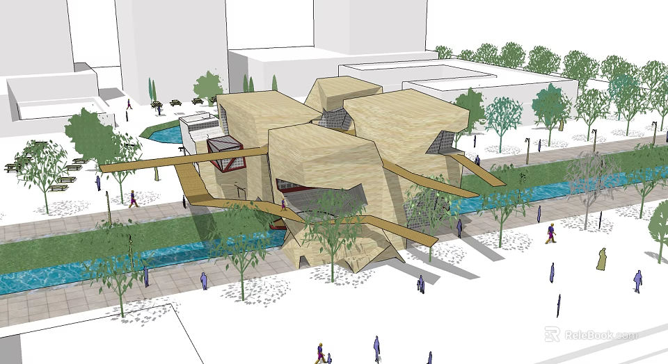 Modern Museum Building With Geometric Design Natural Wood Facade And Green Surroundings 3d model 