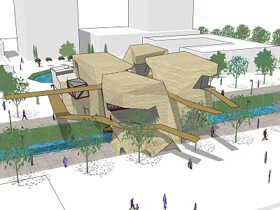 Modern Museum Building With Geometric Design Natural Wood Facade And Green Surroundings 3d model