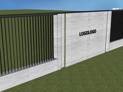 Modern Landscape Wall with Gray Stone Panels Black Railings and Logo on Green Lawn 3d model