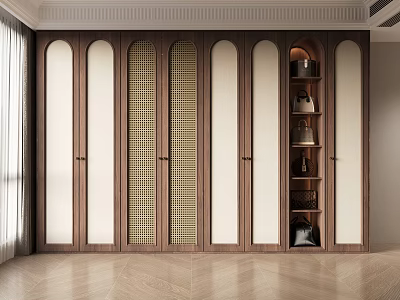 Modern Wooden Wardrobe Featuring Lattice Doors And Open Shelves For Bedroom Storage And Decorative 3d model