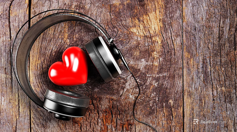 Stylish Black Headphones With Red Heart Placed On Vintage Wooden Surface 3d model 