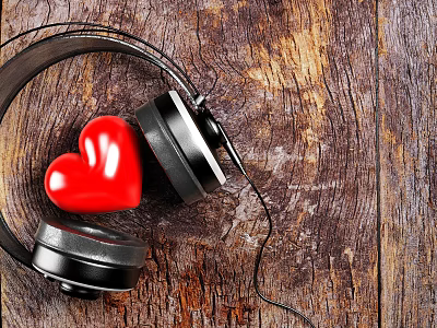 Stylish Black Headphones With Red Heart Placed On Vintage Wooden Surface 3d model