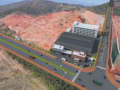 Aerial View Industrial Factory Building With Surrounding Roads Vehicles Red Soil Hills And Distant Mountains 3d model