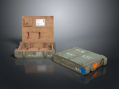Household Supplies Storage Boxes Open Wooden Case And Green Metal Container With Labels 3d model