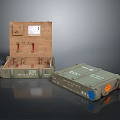 Household Supplies Storage Boxes Open Wooden Case And Green Metal Container With Labels