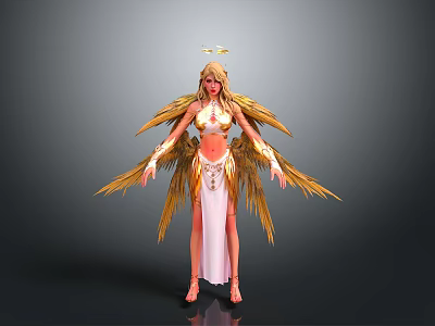 Detailed Angelic Character With Golden Wings Halo And Pink Decorative Gown 3d model