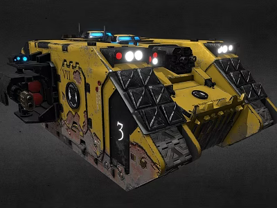Yellow Armored Vehicle Number 3 With Bright Lights And Mechanical Details 3d model