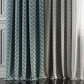 Teal Geometric Pattern Curtains With Layered Sheer And Natural Light In Interior