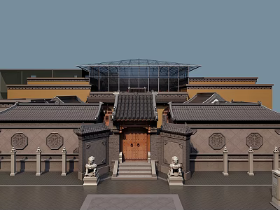 Traditional Chinese Ancient Architecture With Wooden Door Stone Lions And Tile Roofs 3d model