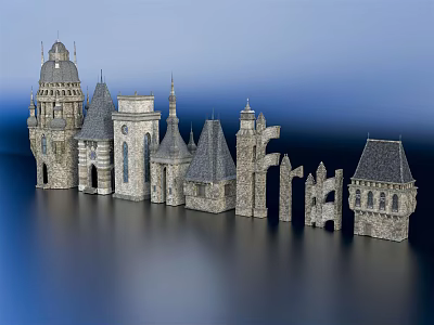 Ancient Architecture Complex Featuring Stone Towers Pointed Spires And Historic Structures 3d model
