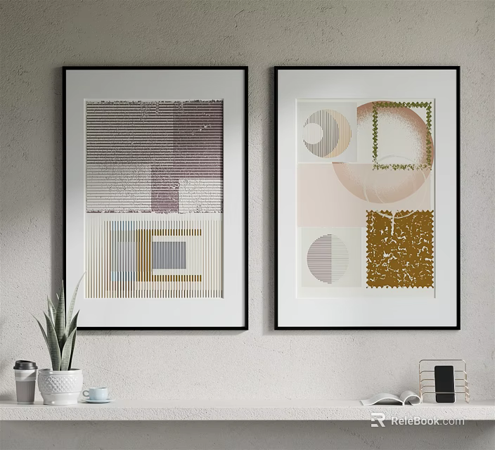 Framed Wall Art Decor With Geometric Patterns And Potted Plant On White Wall 3d model