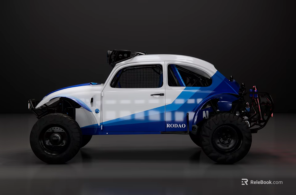 Modified Volkswagen Beetle With Blue White Paint Large Off Road Tires And Koomoe Branding 3d model 