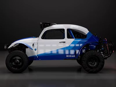 Modified Volkswagen Beetle With Blue White Paint Large Off Road Tires And Koomoe Branding 3d model