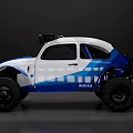Modified Volkswagen Beetle With Blue White Paint Large Off Road Tires And Koomoe Branding