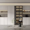 Modern Wine Cabinet with Glass Doors Built-in Lighting Wine Bottles Glasses Side Table and Plant