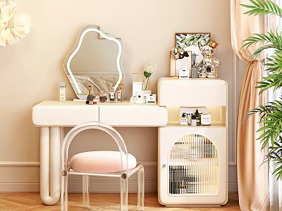 Elegant Modern Dressing Table With Mirror Chair Storage Cabinet And Skincare Products In Soft Tones 3d model
