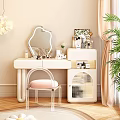 Elegant Modern Dressing Table With Mirror Chair Storage Cabinet And Skincare Products In Soft Tones