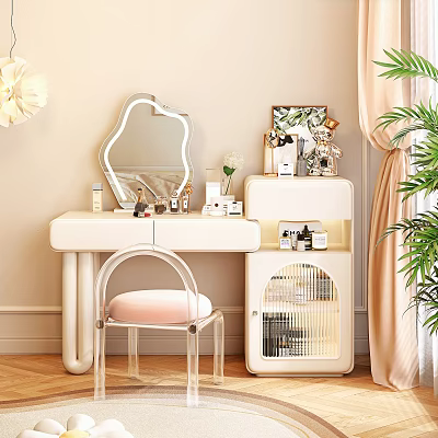 Elegant Modern Dressing Table With Mirror Chair Storage Cabinet And Skincare Products In Soft Tones 3d model