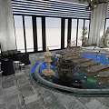 Modern Hotel Lobby Featuring Mountain Landscape Wall Reception Desk And Water Feature With Cranes