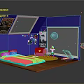 Cartoon Room Scene with Blue Walls Skylight Posters String Lights and Planets