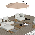 Elegant Rattan Outdoor Sofa with Parasol Coffee Table and Cushions on Wooden Floor