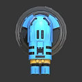 Blue Mechanical Turret with Dual Barrels Yellow Accents and Gray Base Structure
