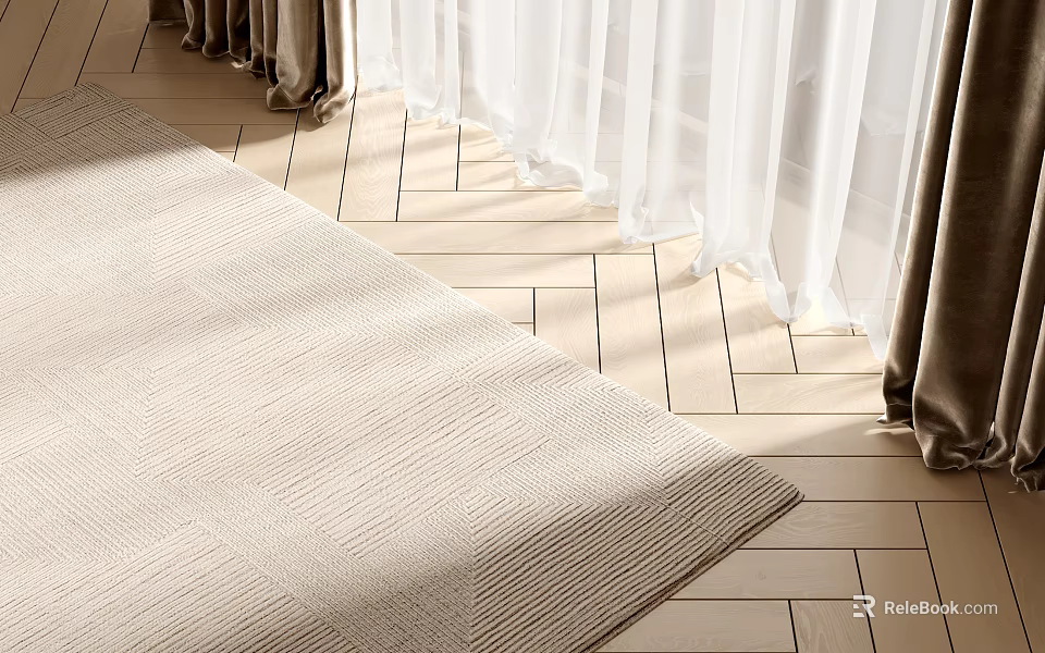 Square Beige Rug on Herringbone Wooden Floor with White Sheer Curtains and Sunlight 3d model 