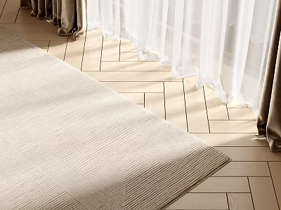 Square Beige Rug on Herringbone Wooden Floor with White Sheer Curtains and Sunlight 3d model